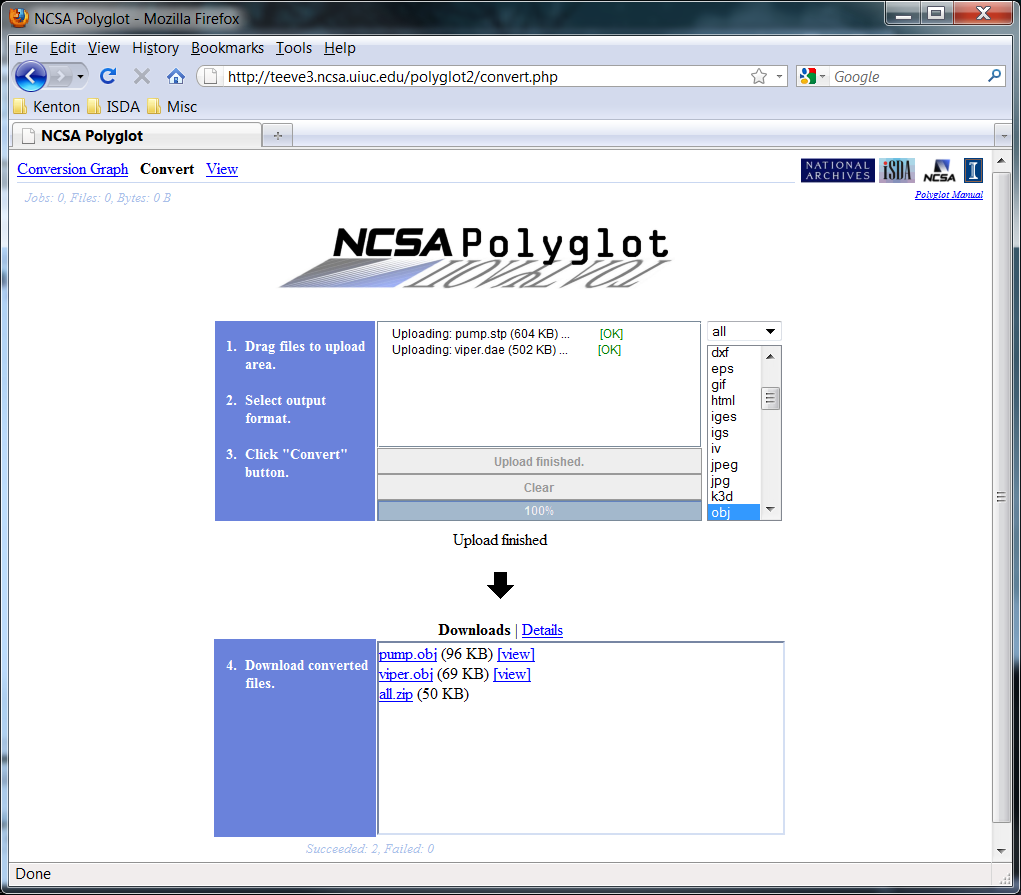 After the files have been uploaded and converted the resulting files are displayed in a new area below where they can then be downloaded.