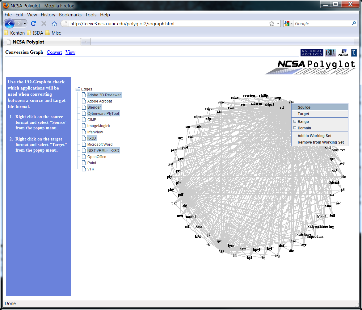 A user can right click over a format in the I/O-Graph to reveal a popup menu listing queries that can be made of the graph.