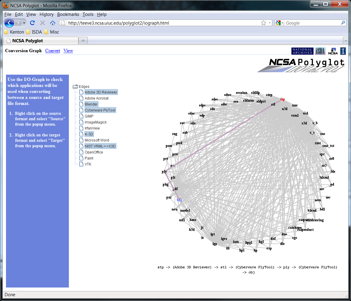 An example of a user checking for the existence of a conversion path between the *.stp and *.obj file format.