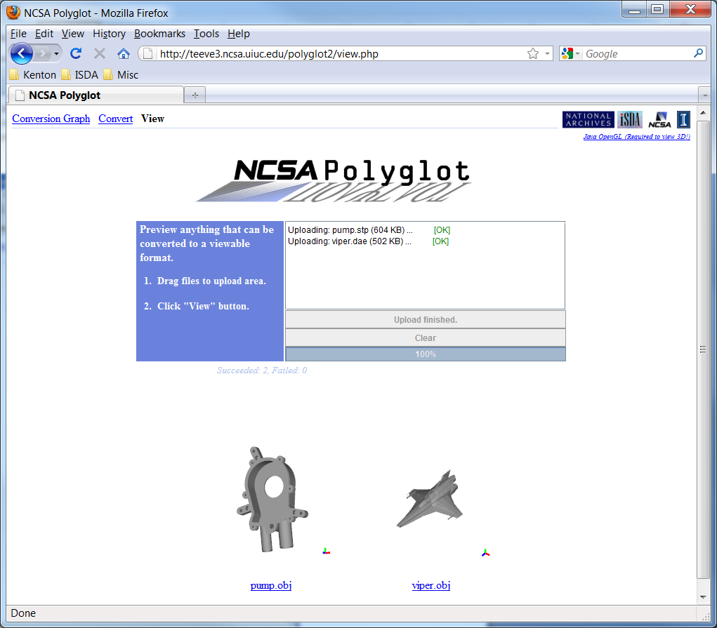 The "View" page after two 3D models (one *.stp and one *.dae) have been uploaded and converted to the viewers supported format (*.obj).