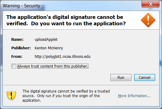 The security warning window that should appear the first time you access the Polyglot Web Interface.