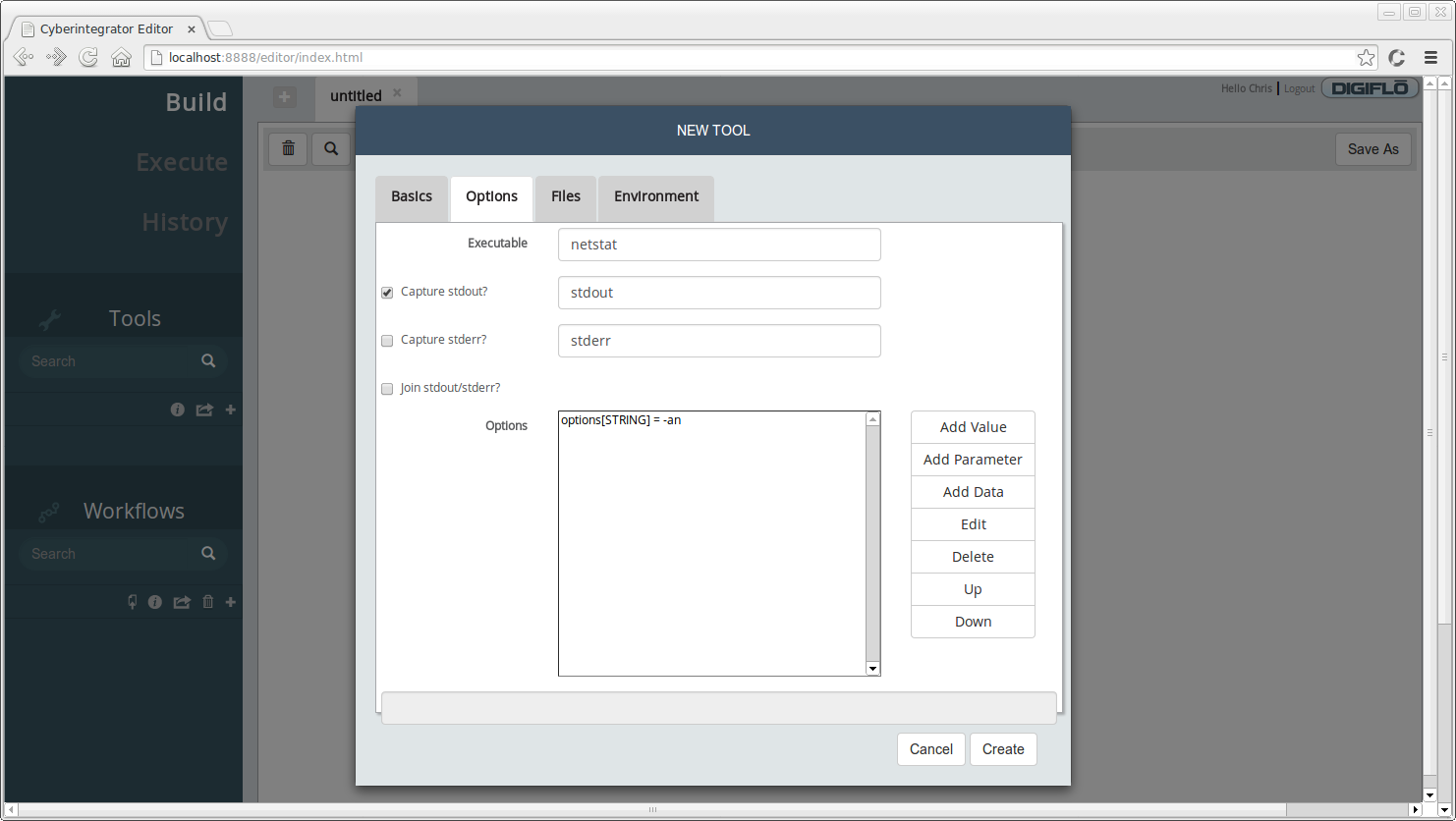 Command line tool wizard - Options tab