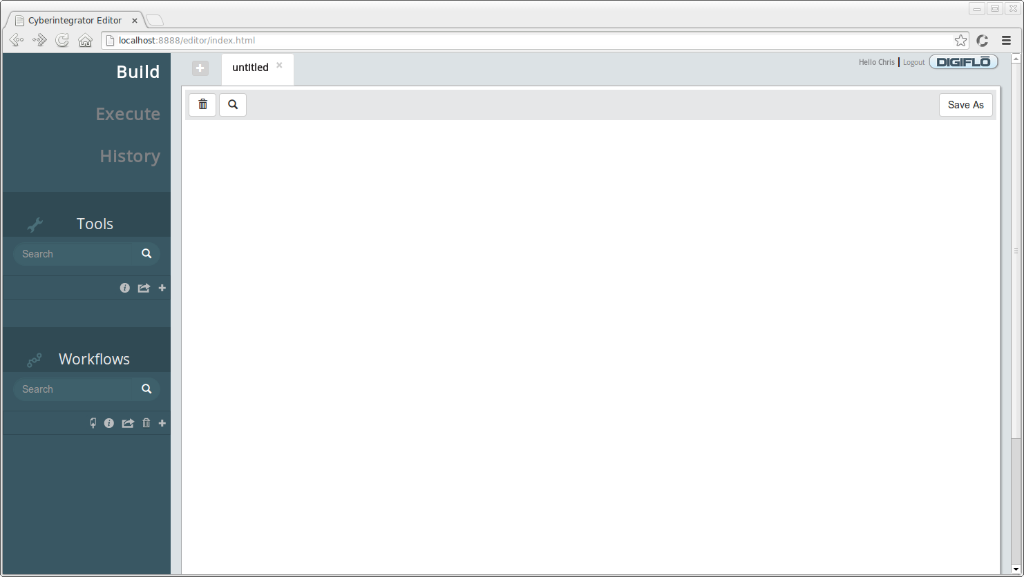 Web Editor initial view displaying Tools, Workflows and Empty Workflow Graph